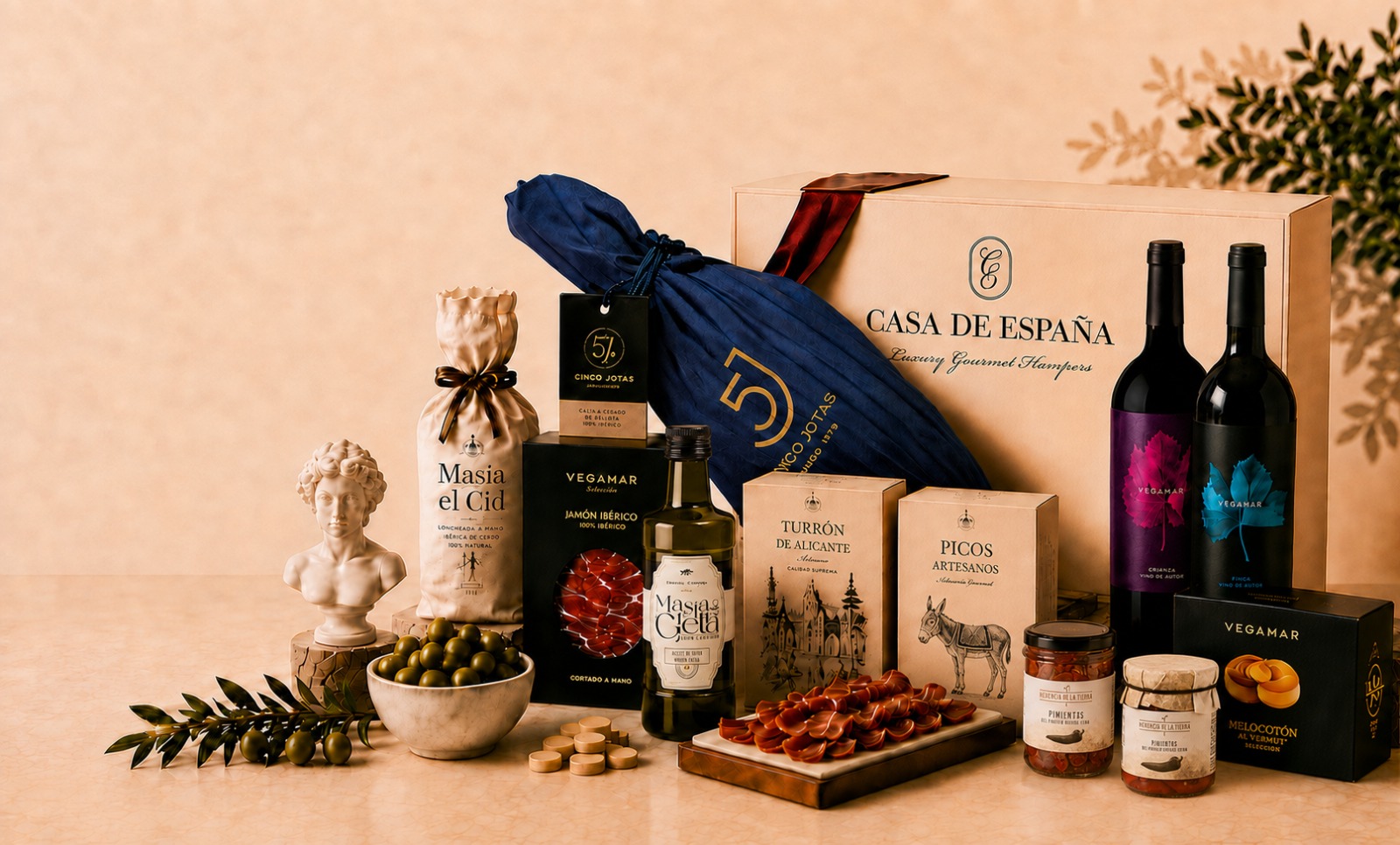 Casa de España hamper collection with Vegamar wine, jamón ibérico, and gourmet Spanish produce
