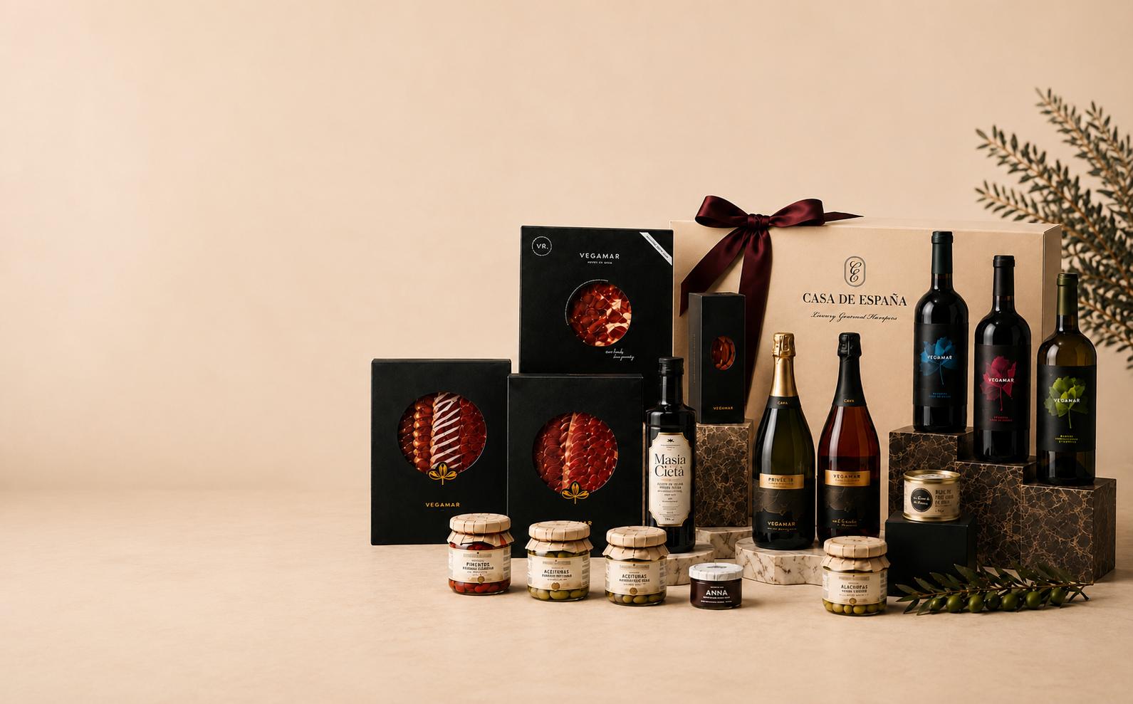 Casa de España hamper collection with Vegamar wine, jamón ibérico, and gourmet Spanish produce